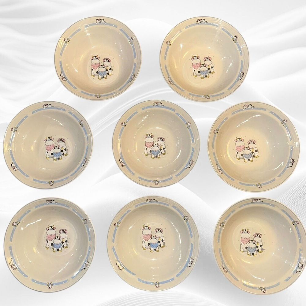 Tienshan -‎ 7"  Bowls Set Of 8 Whimsical Cow Family, Hearts, Blue Ring